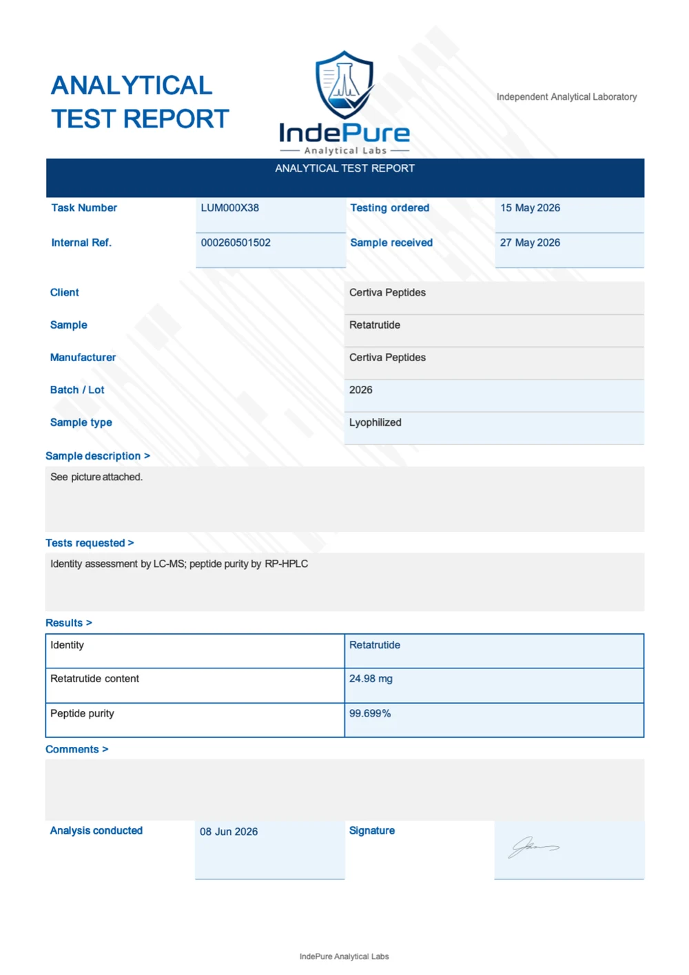 Certiva Retatrutide 2026 batch Certificate of Analysis