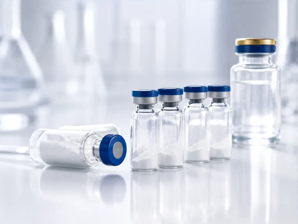 Group of lyophilized research peptide vials in a laboratory setting