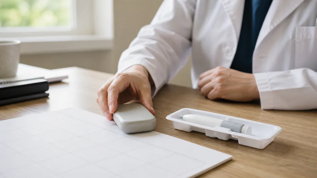 Researcher reviewing a monthly calendar beside an unlabeled long-acting injection trainer in natural light