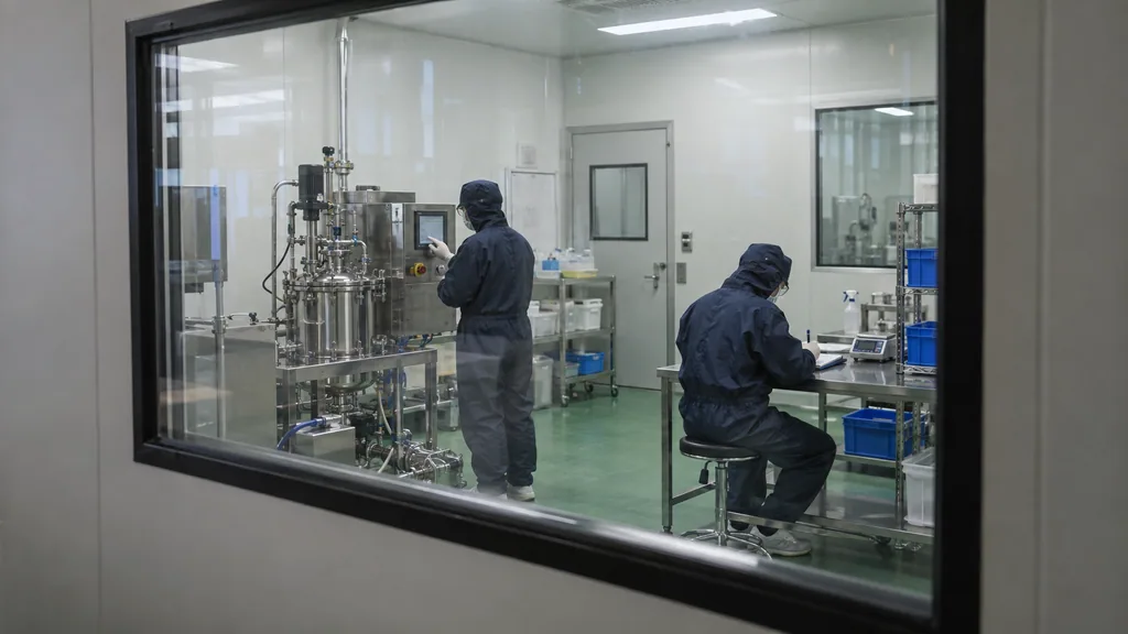 Process technician inspecting a compact stainless peptide manufacturing vessel in a real clean production suite