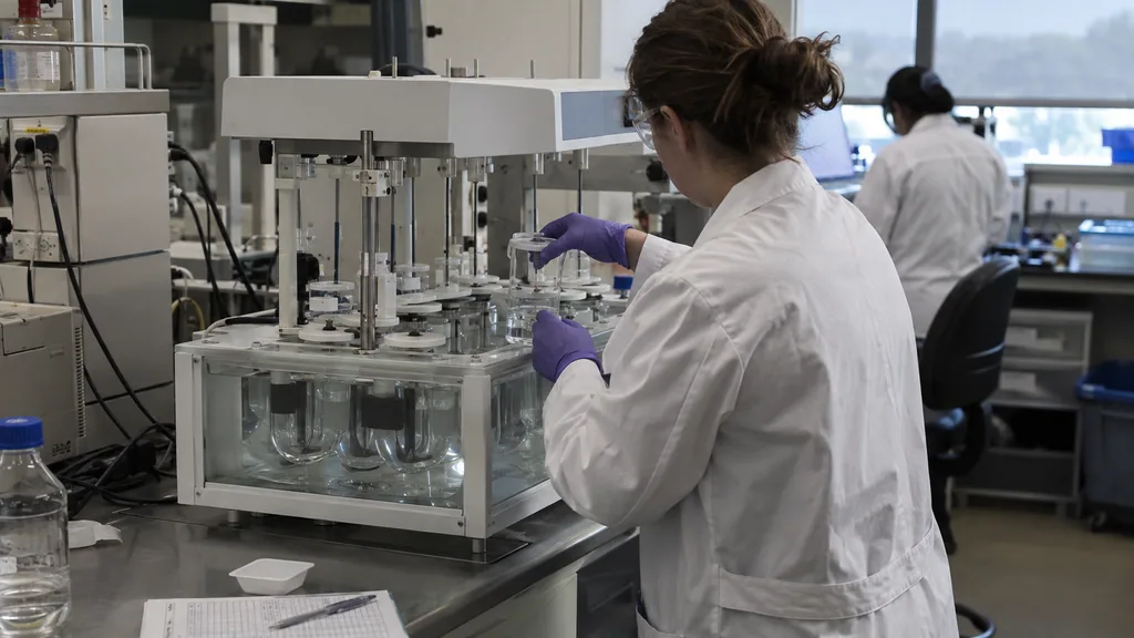 Formulation scientist recording observations beside a real tablet dissolution tester in a working laboratory
