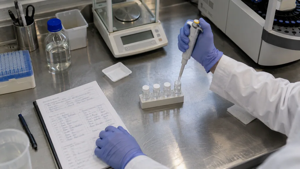 Quality-control analyst comparing several peptide samples and a finished lyophilized blend beside HPLC equipment