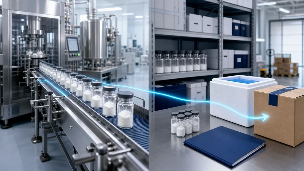 Illustrative peptide manufacturing-to-supply flow from production line to batch documents and shipping