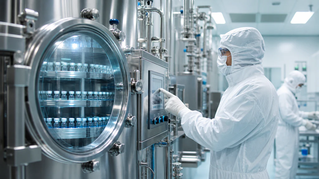 Cleanroom operator controlling lyophilization equipment at a research peptide manufacturing facility